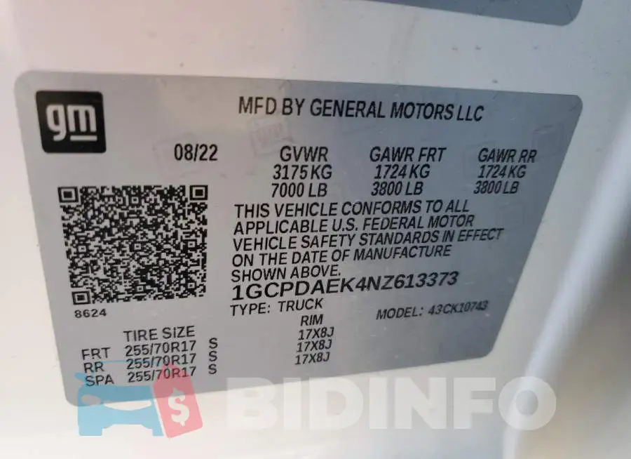 1GCPDAEK4NZ613373 Photo# 12