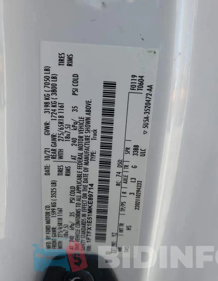 1FTFX1E51MKE89714 Photo# 12