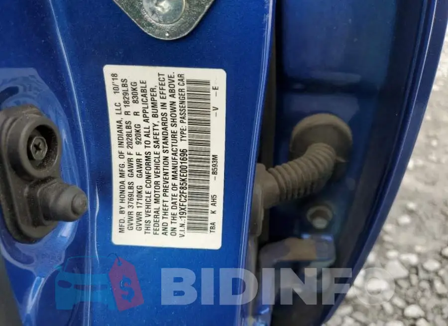 19XFC2F85KE001696 Photo# 13