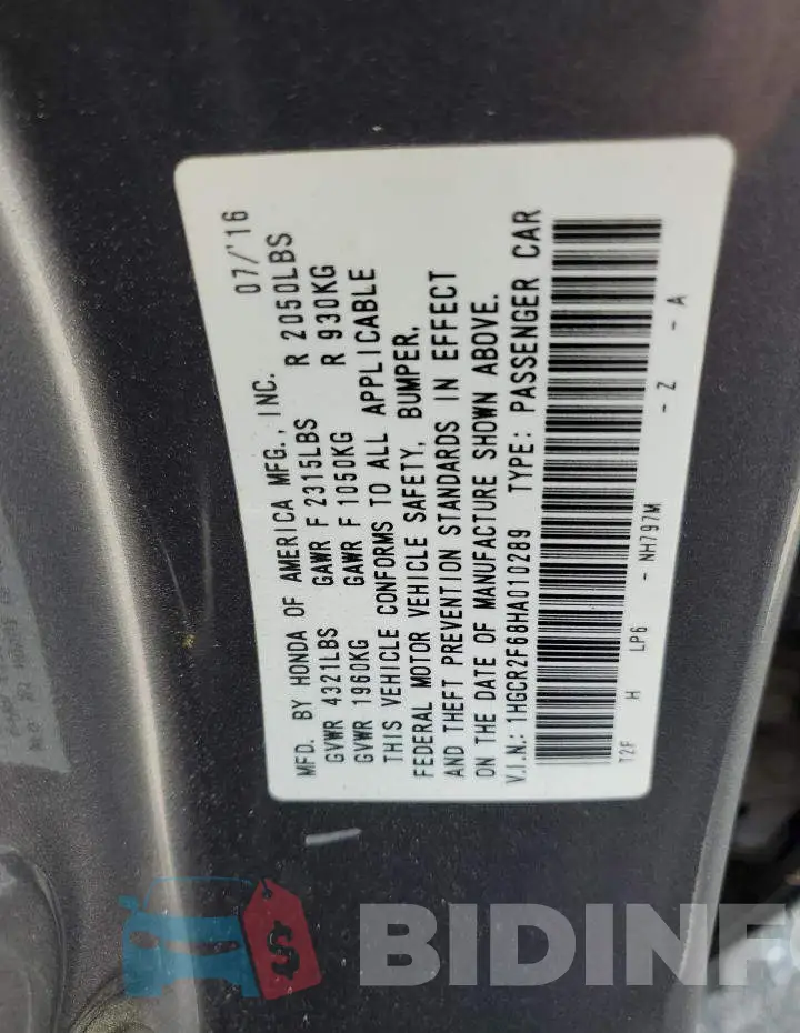1HGCR2F68HA010289 Photo# 12