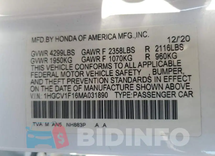1HGCV1F16MA031890 Photo# 12