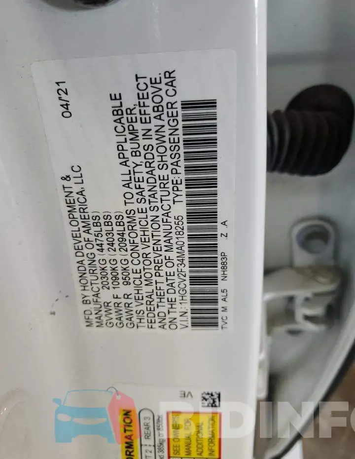 1HGCV2F34MA018255 Photo# 12