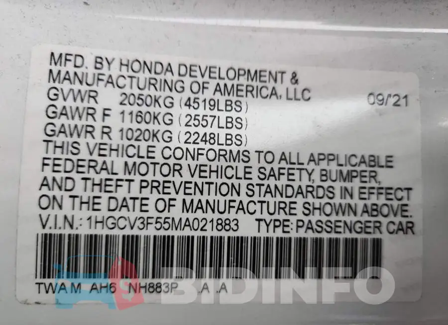 1HGCV3F55MA021883 Photo# 12