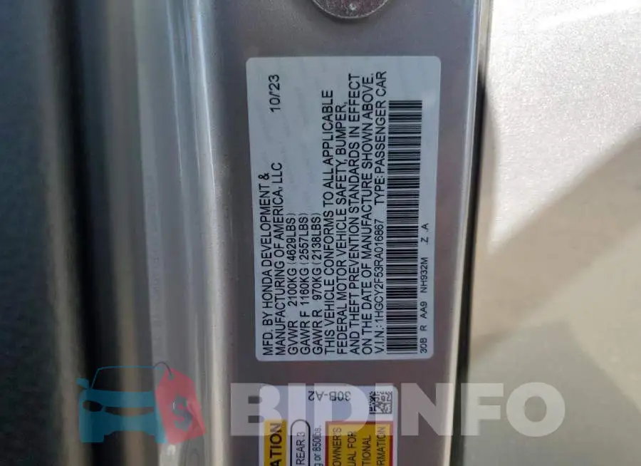 1HGCY2F53RA016867 Photo# 12