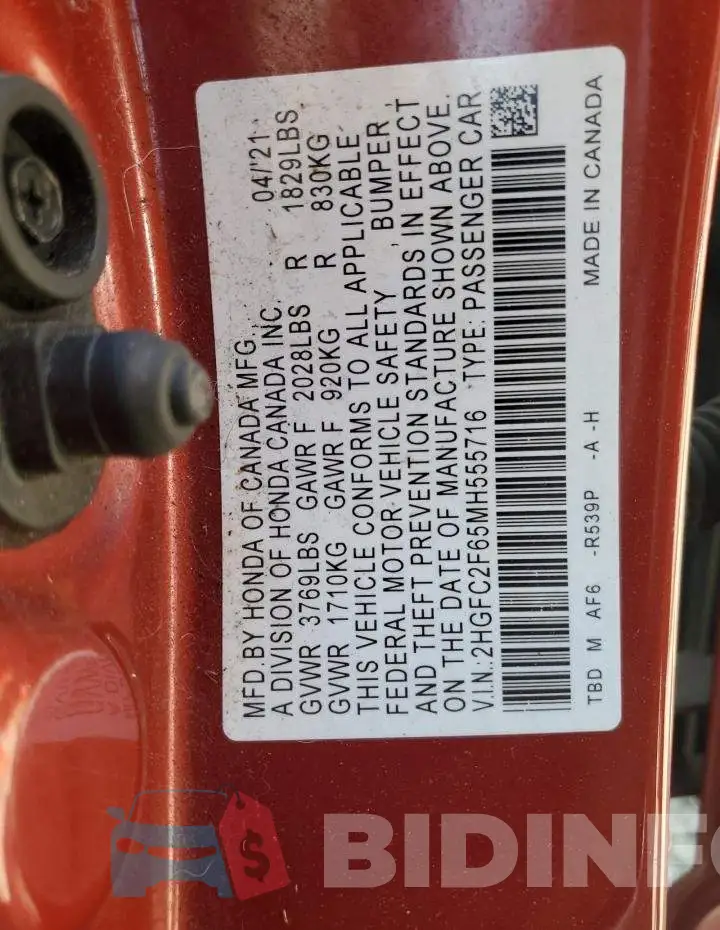 2HGFC2F65MH555716 Photo# 13