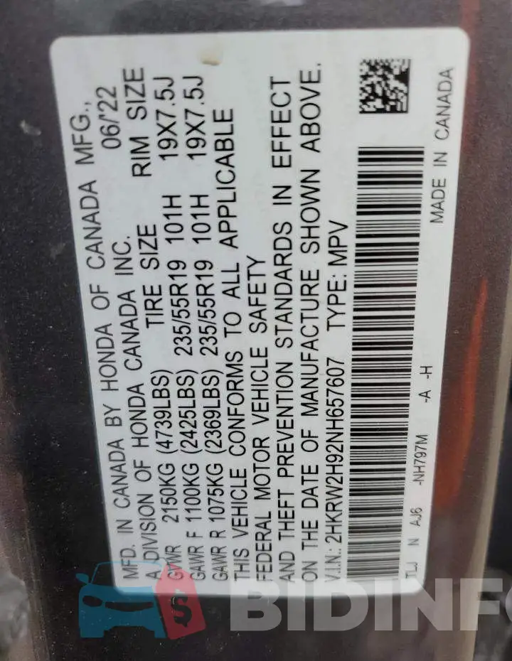 2HKRW2H92NH657607 Photo# 13
