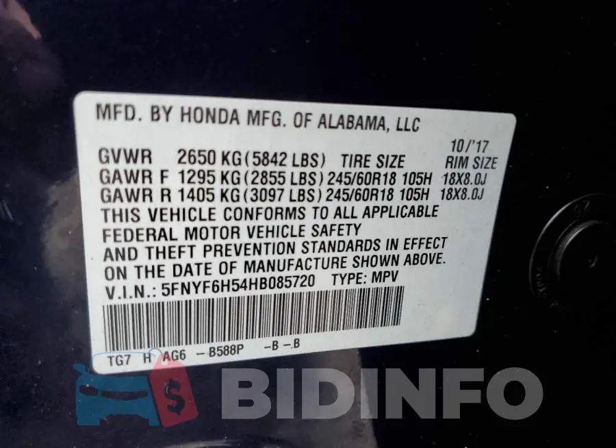 5FNYF6H54HB085720 Photo# 13