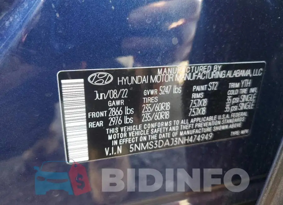 5NMS3DAJ3NH474949 Photo# 12