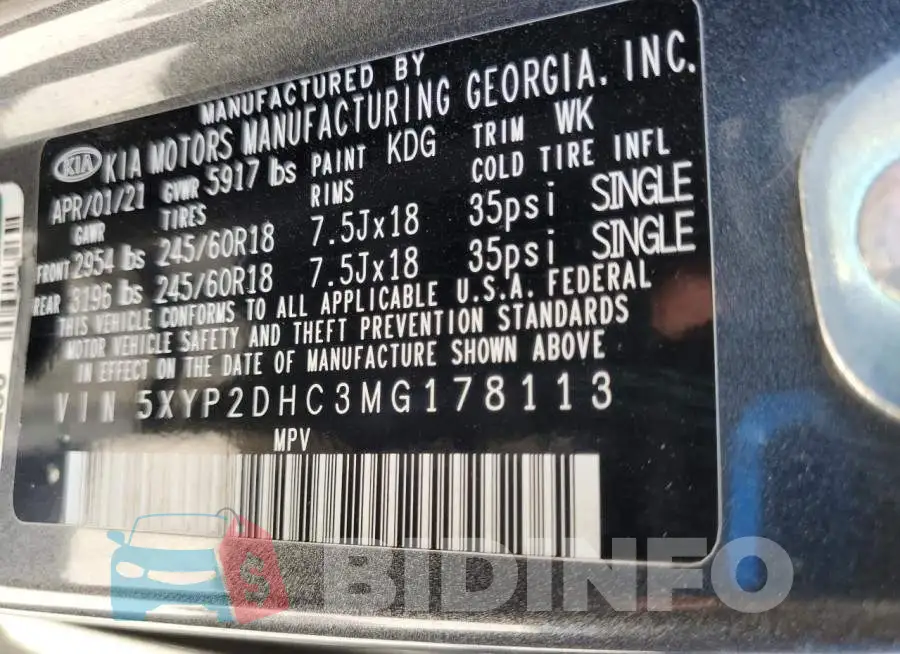 5XYP2DHC3MG178113 Photo# 14