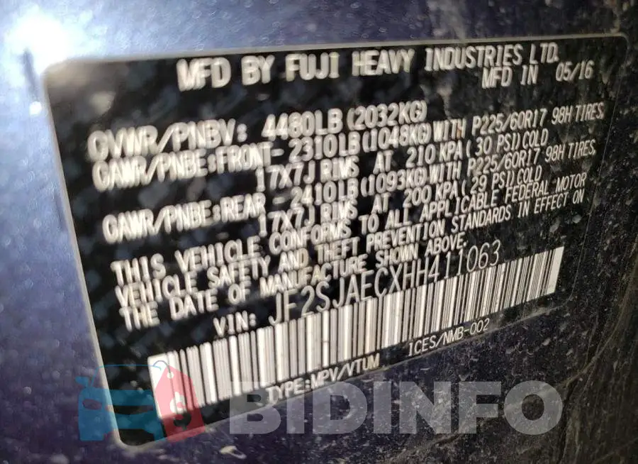 JF2SJAECXHH411063 Photo# 13