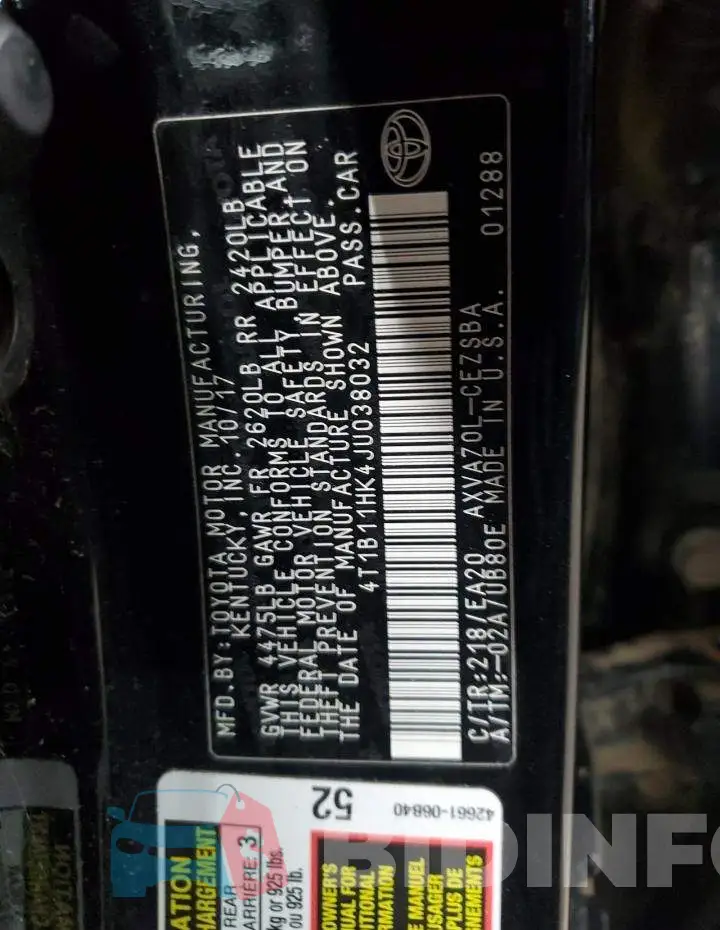 4T1B11HK4JU038032 Photo# 13