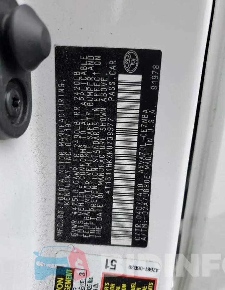 4T1B11HKXKU738977 Photo# 12