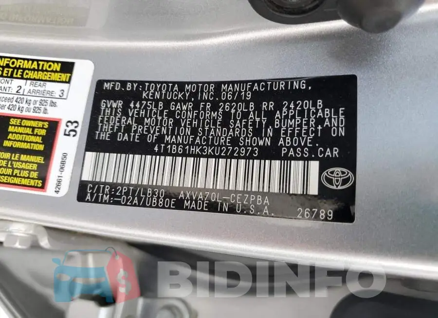 4T1B61HK3KU272973 Photo# 12