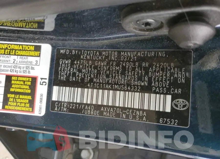 4T1C11AK1MU564332 Photo# 12