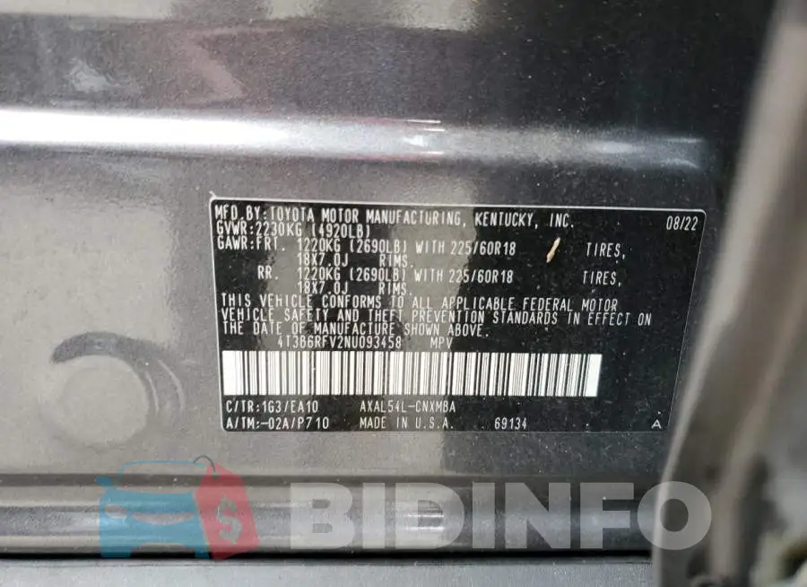 4T3B6RFV2NU093458 Photo# 13