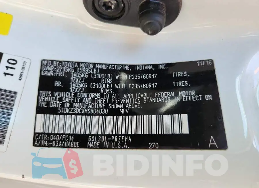 5TDKZ3DCXHS804030 Photo# 14