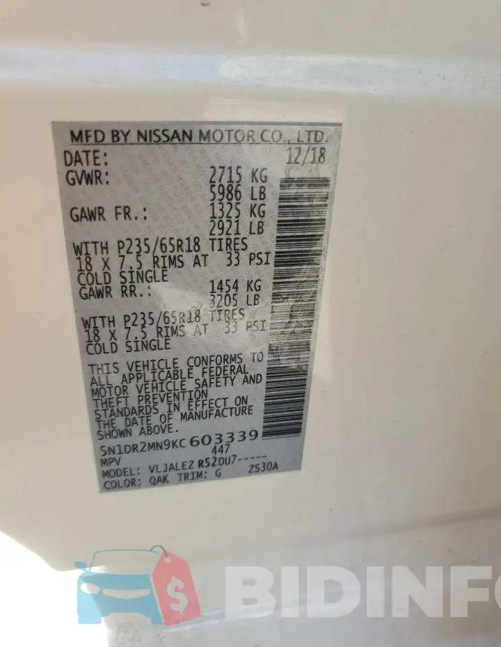 5N1DR2MN9KC603339 Photo# 12