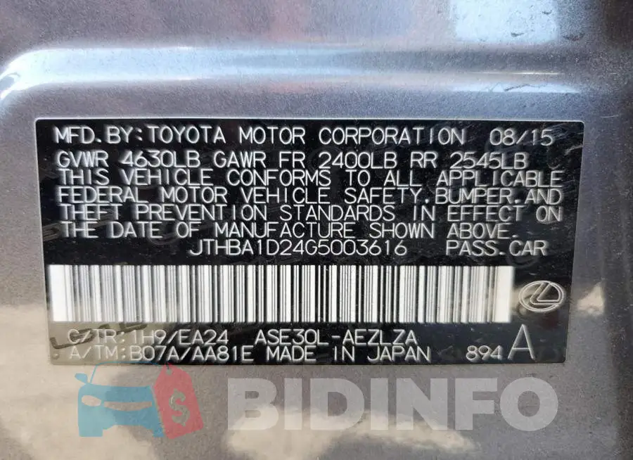 JTHBA1D24G5003616 Photo# 12