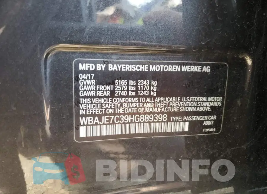 WBAJE7C39HG889398 Photo# 12