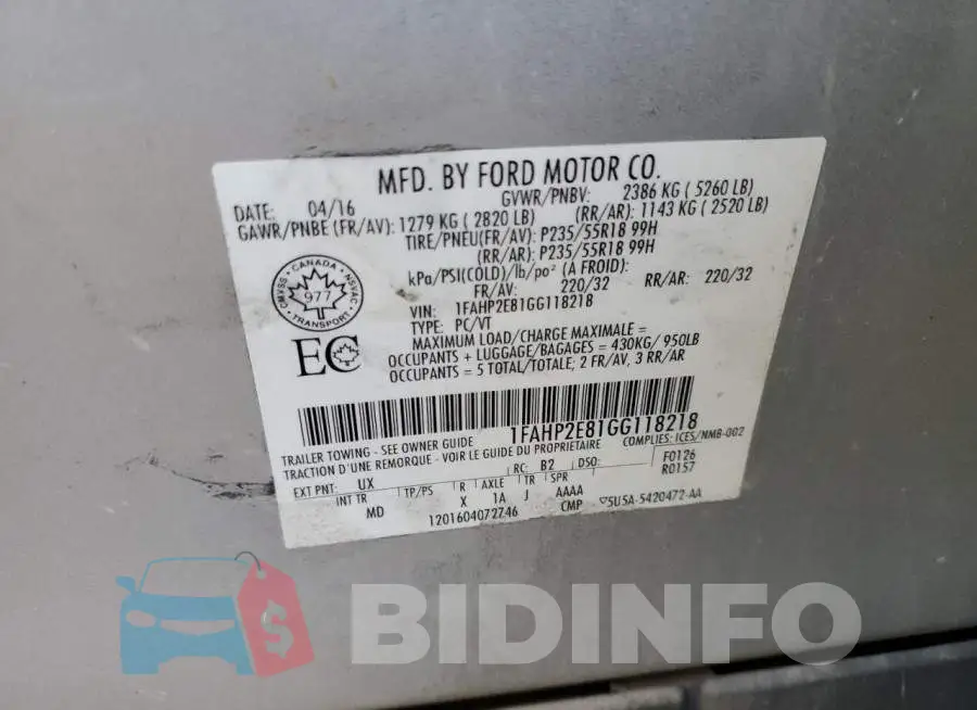 1FAHP2E81GG118218 Photo# 12
