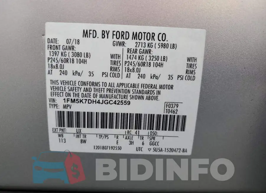 1FM5K7DH4JGC42559 Photo# 14