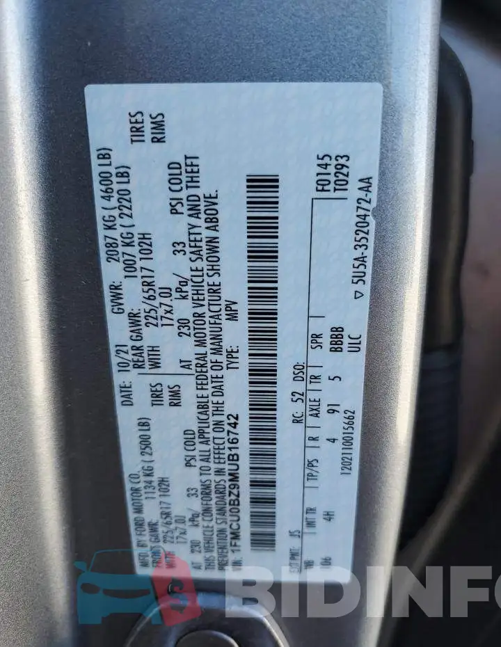 1FMCU0BZ9MUB16742 Photo# 12