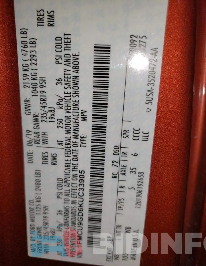 1FMCU9GD6KUC33905 Photo# 13