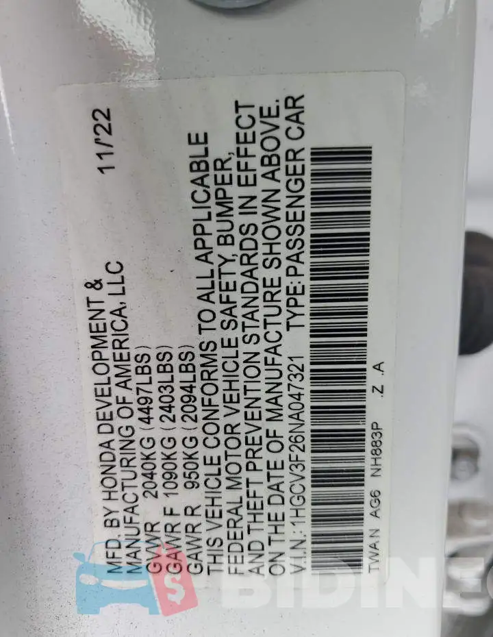 1HGCV3F26NA047321 Photo# 12