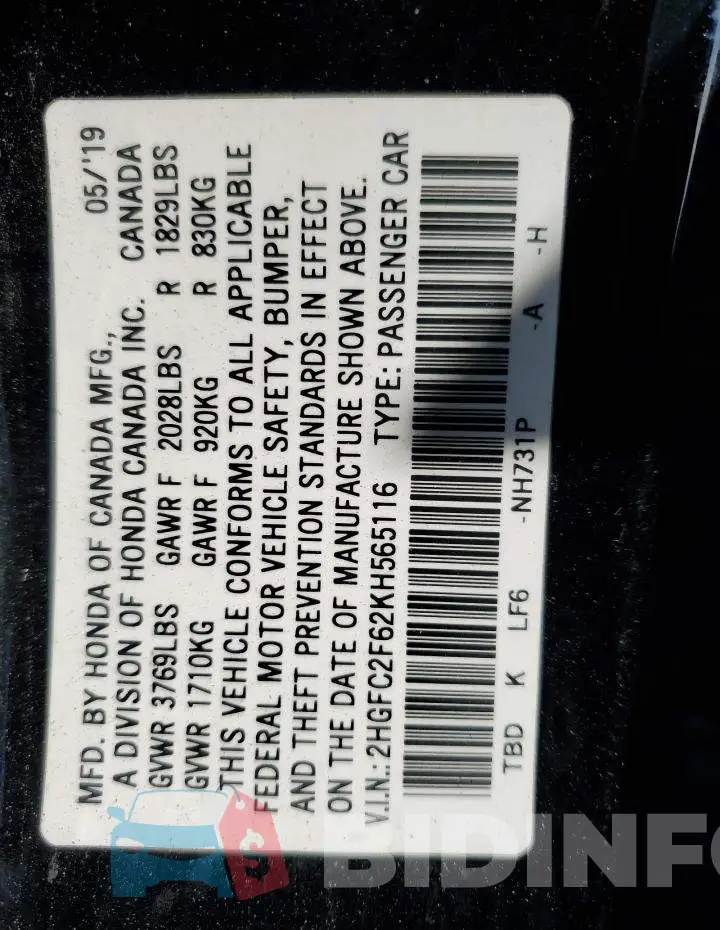 2HGFC2F62KH565116 Photo# 12