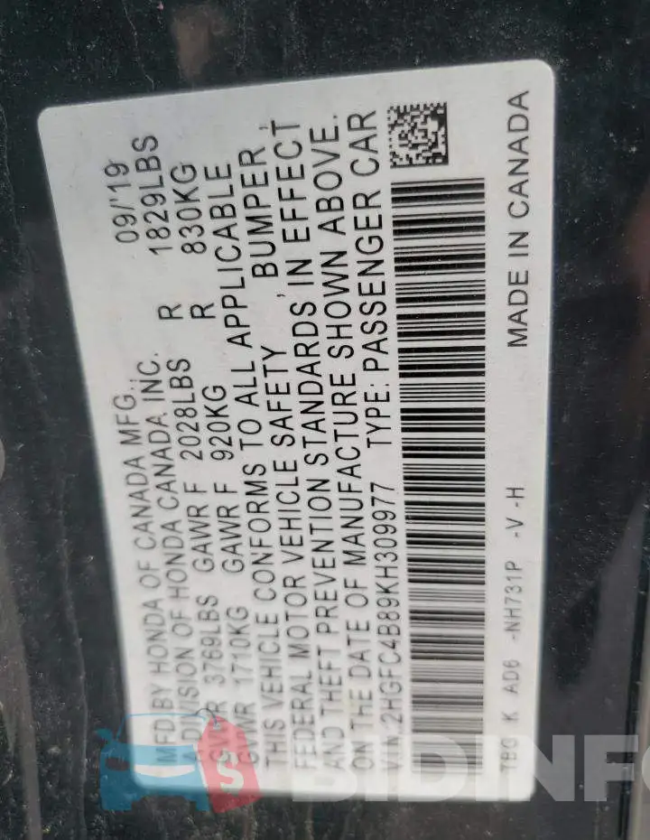 2HGFC4B89KH309977 Photo# 13