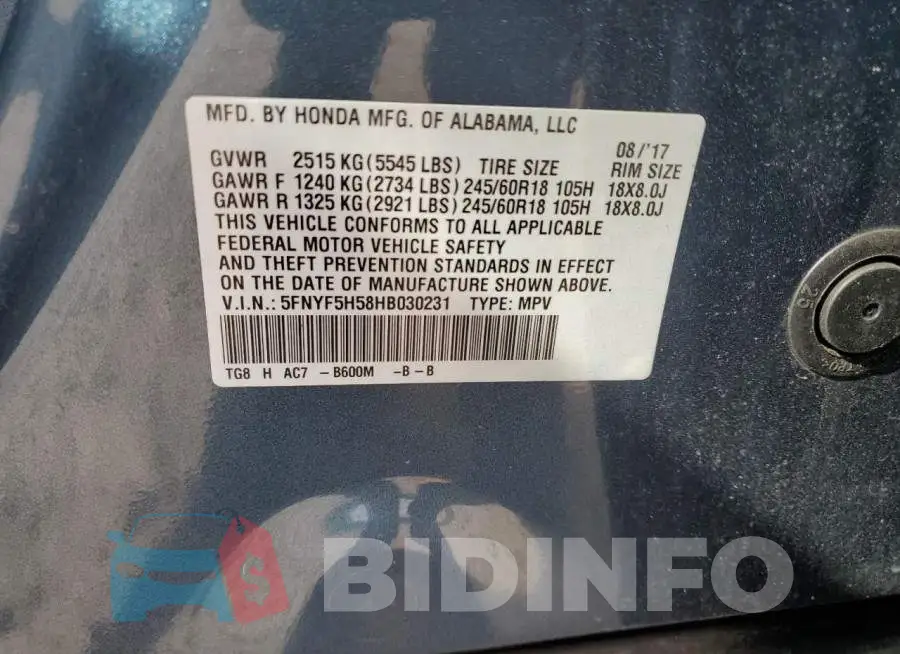 5FNYF5H58HB030231 Photo# 12