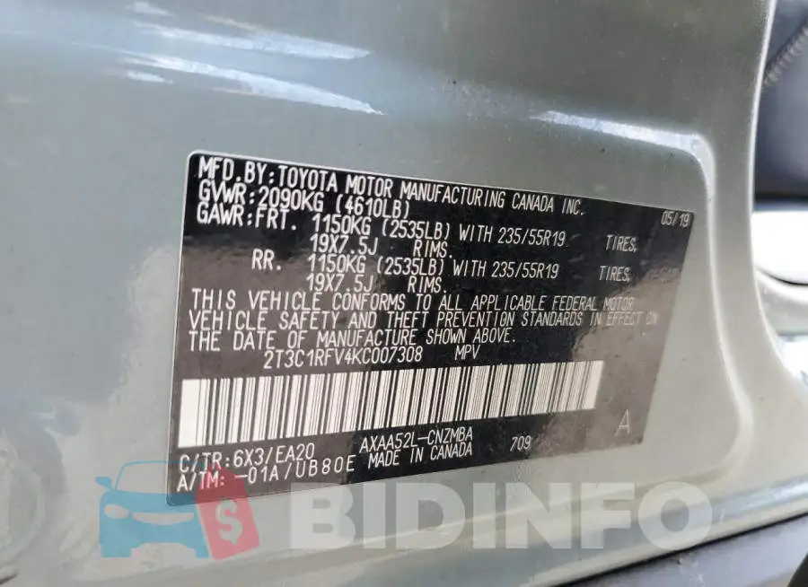 2T3C1RFV4KC007308 Photo# 13