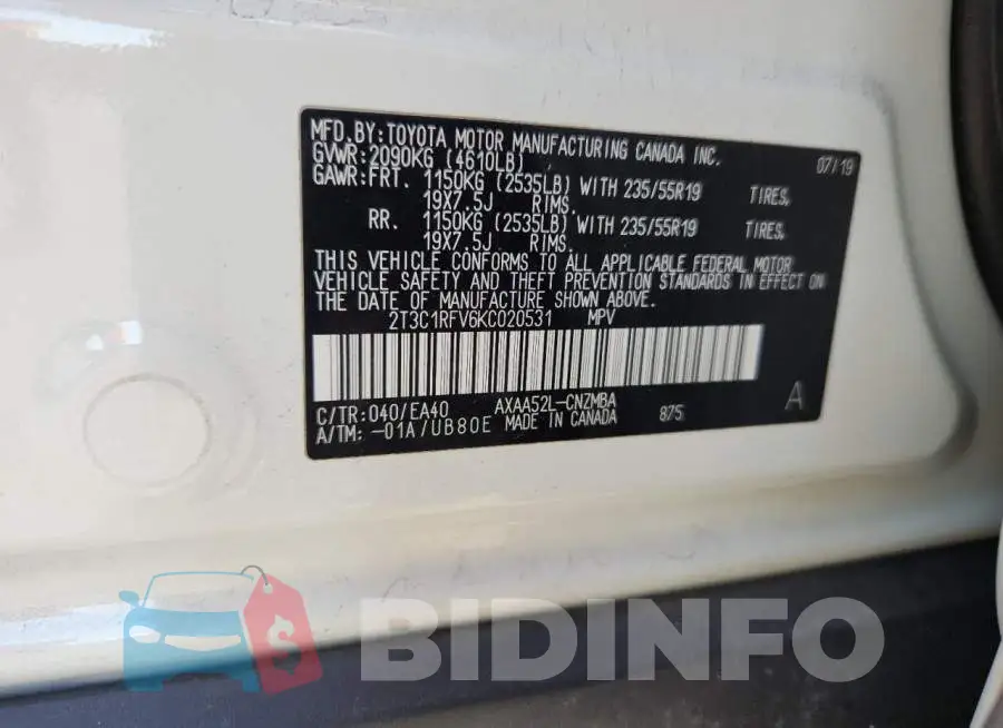 2T3C1RFV6KC020531 Photo# 12