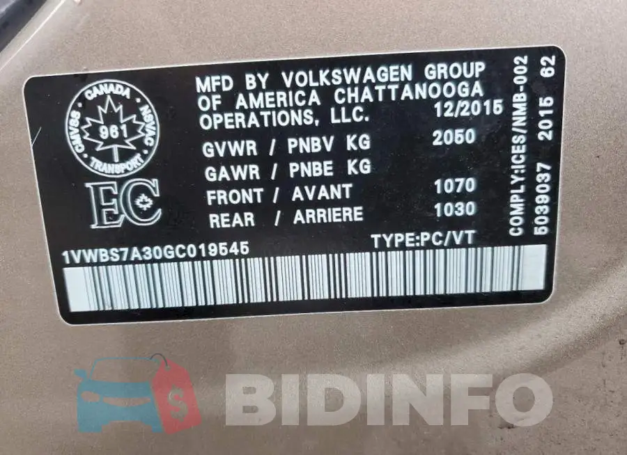 1VWBS7A30GC019545 Photo# 12