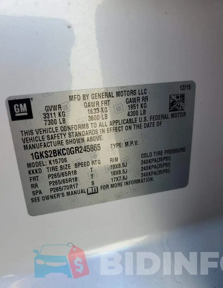 1GKS2BKC0GR245865 Photo# 13