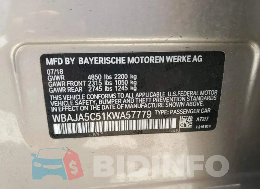 WBAJA5C51KWA57779 Photo# 12