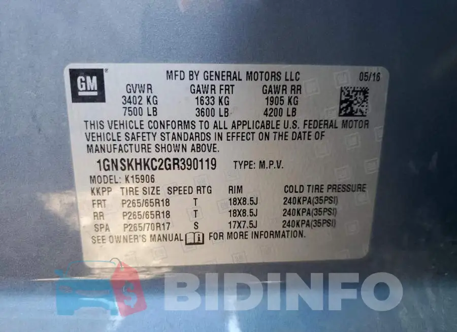 1GNSKHKC2GR390119 Photo# 13
