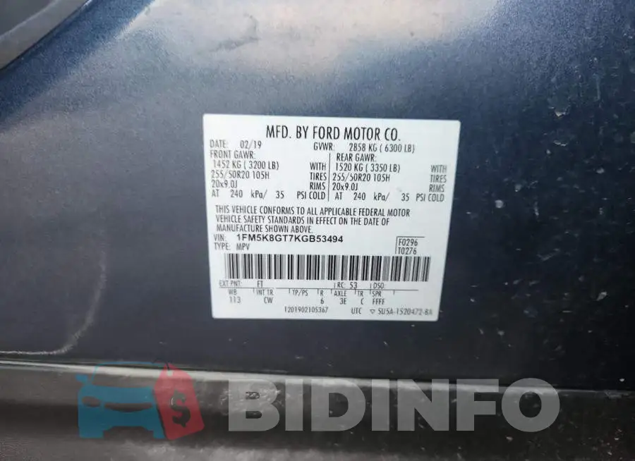 1FM5K8GT7KGB53494 Photo# 13