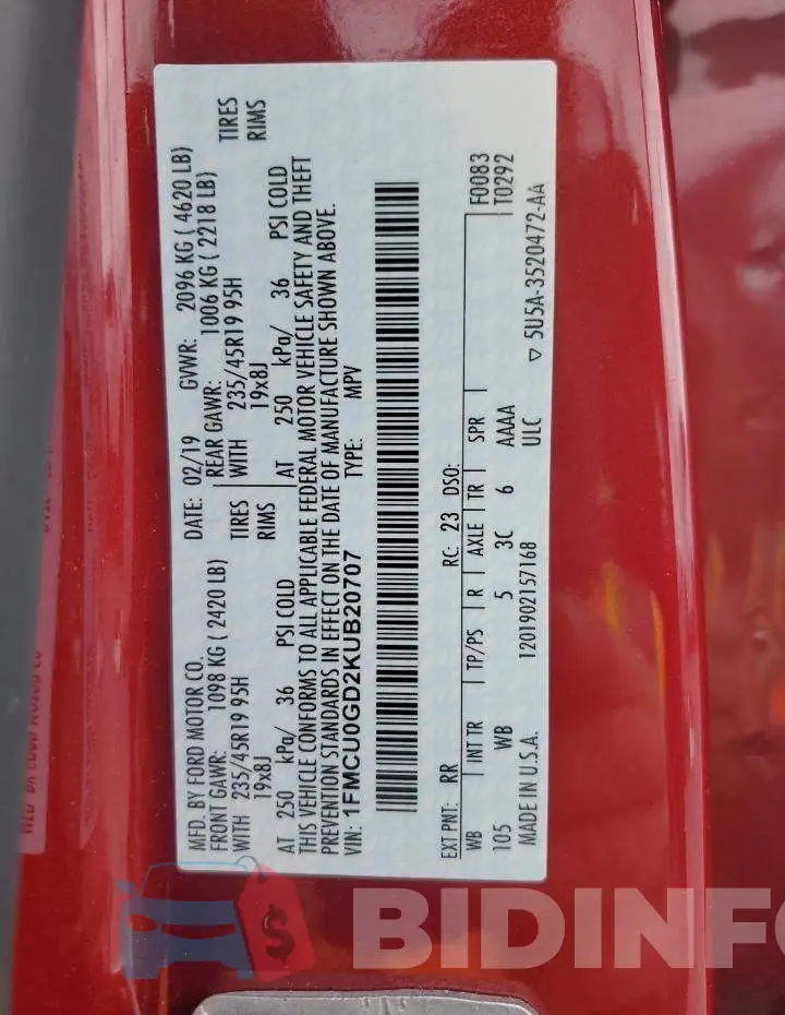 1FMCU0GD2KUB20707 Photo# 13
