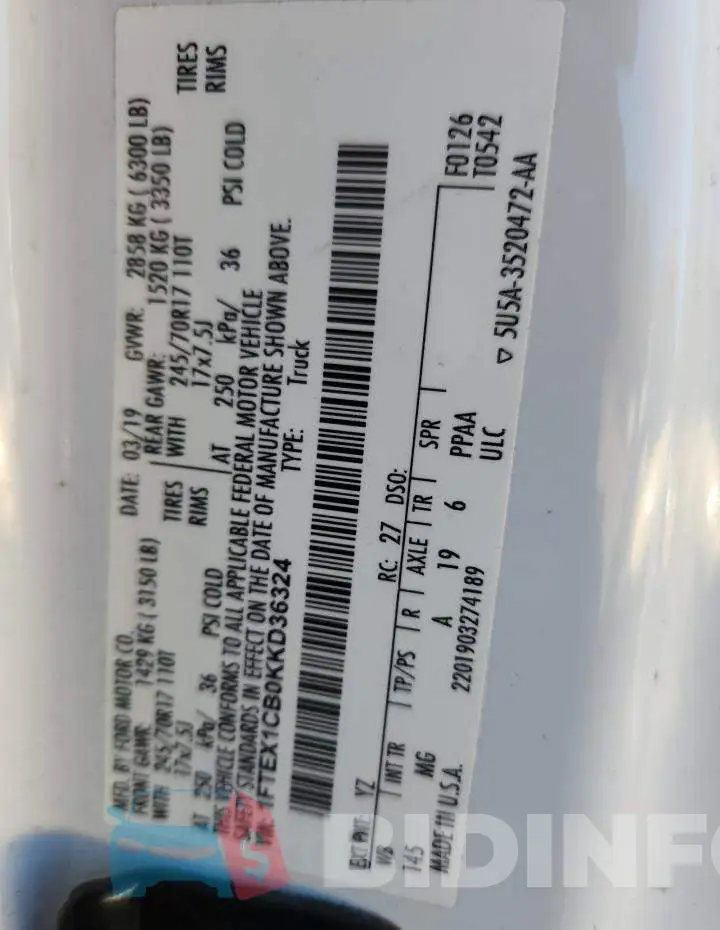 1FTEX1CB0KKD36324 Photo# 12