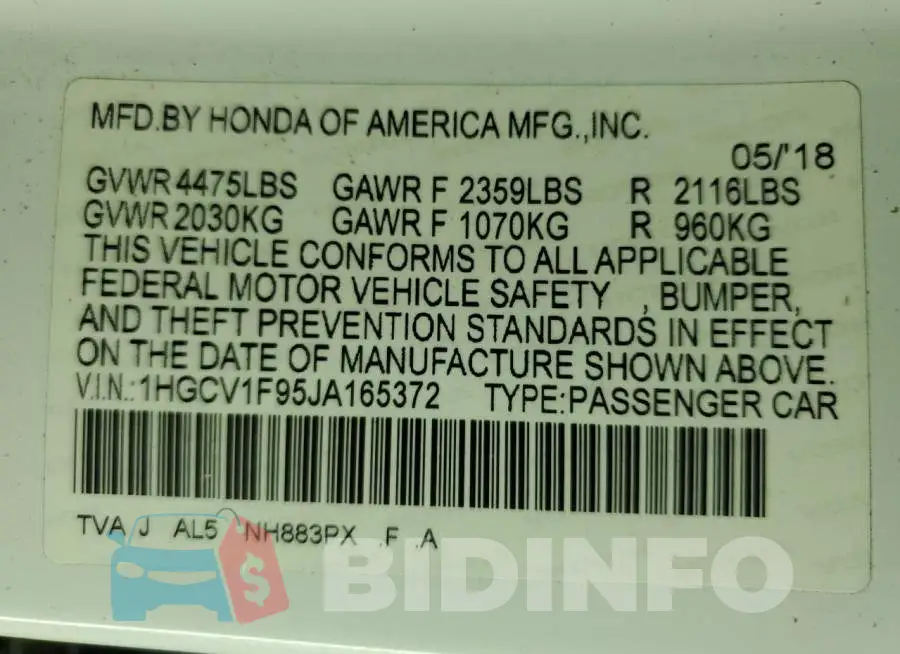 1HGCV1F95JA165372 Photo# 13