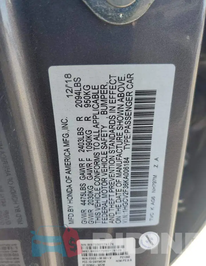 1HGCV2F36KA006184 Photo# 12