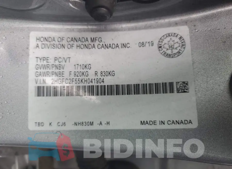 2HGFC2F55KH041904 Photo# 13