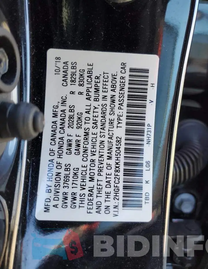 2HGFC2F8XKH504582 Photo# 12