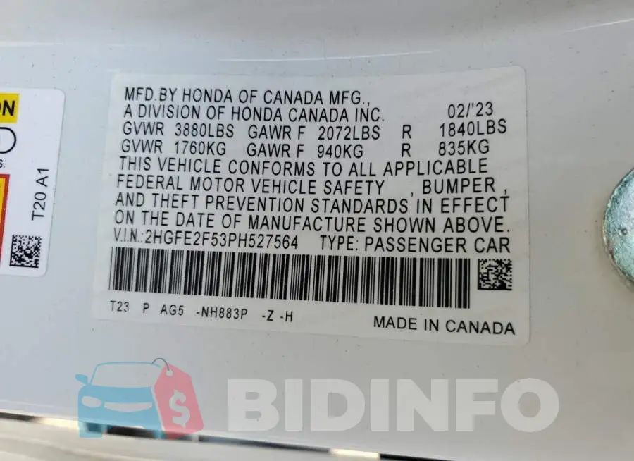 2HGFE2F53PH527564 Photo# 12