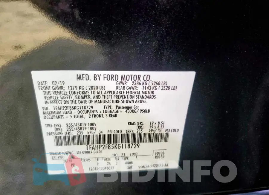 1FAHP2F85KG118729 Photo# 13