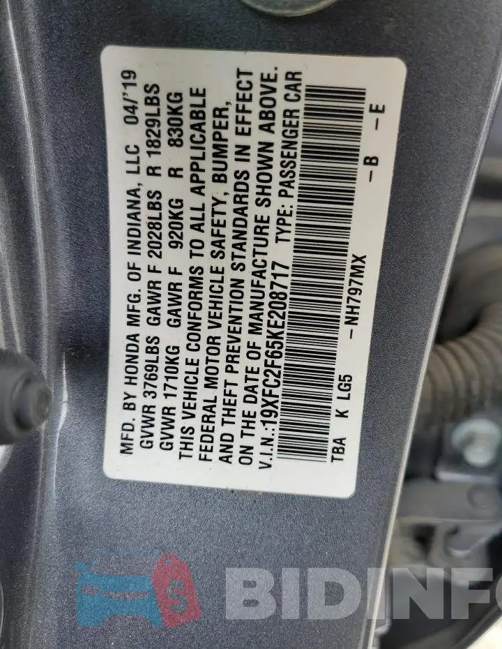 19XFC2F65KE208717 Photo# 12