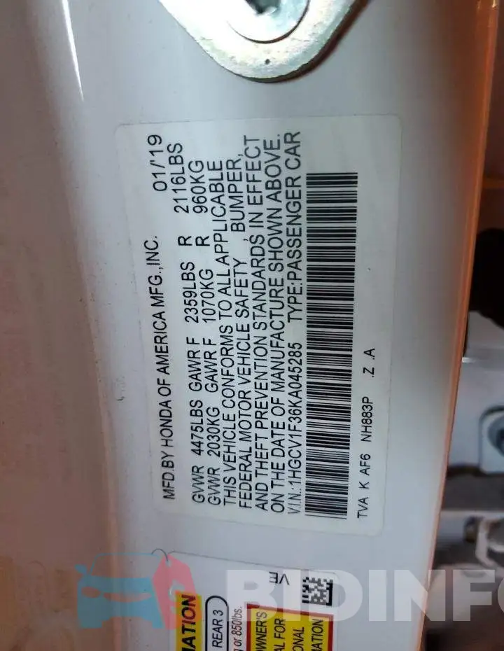 1HGCV1F36KA045285 Photo# 13