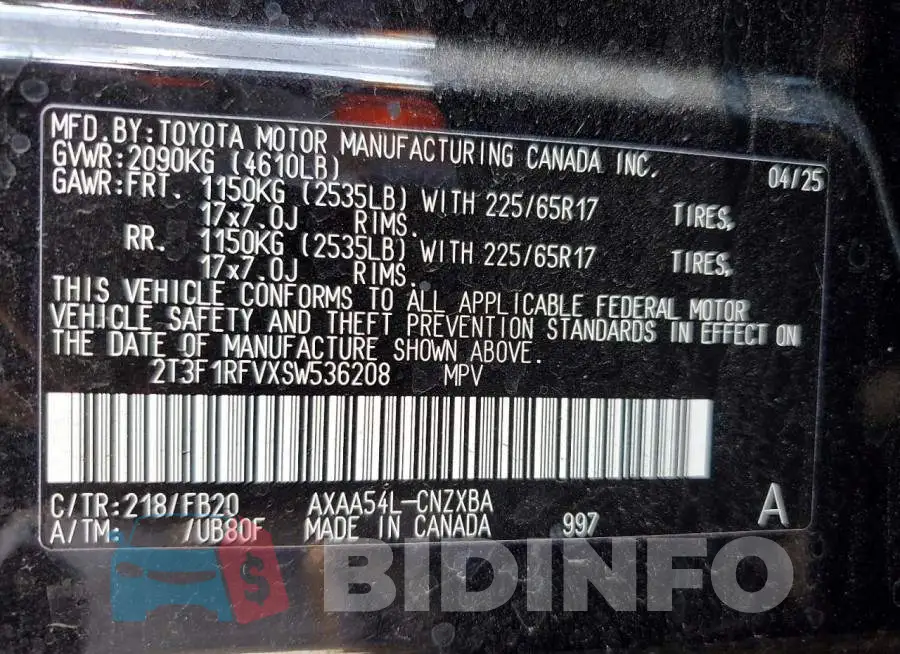 2T3F1RFVXSW536208 Photo# 14