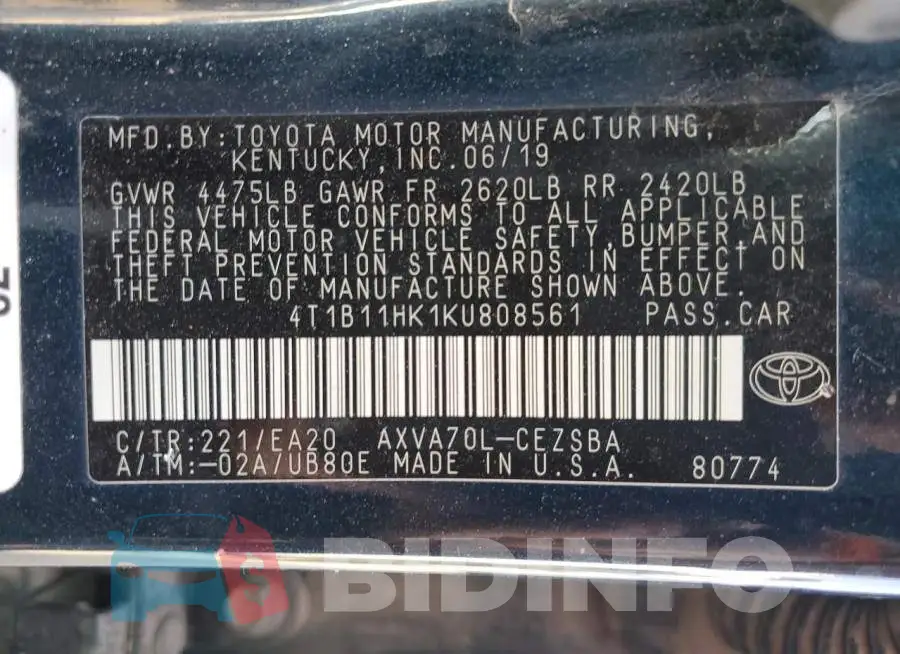 4T1B11HK1KU808561 Photo# 12